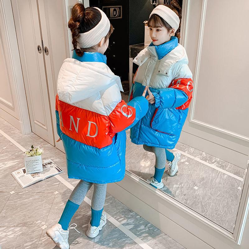 Girls' Warm Cotton Coat Thicken Plus Fleece Windproof Cotton Clothing Mid-length Contrast Stitching Quilted Jacket