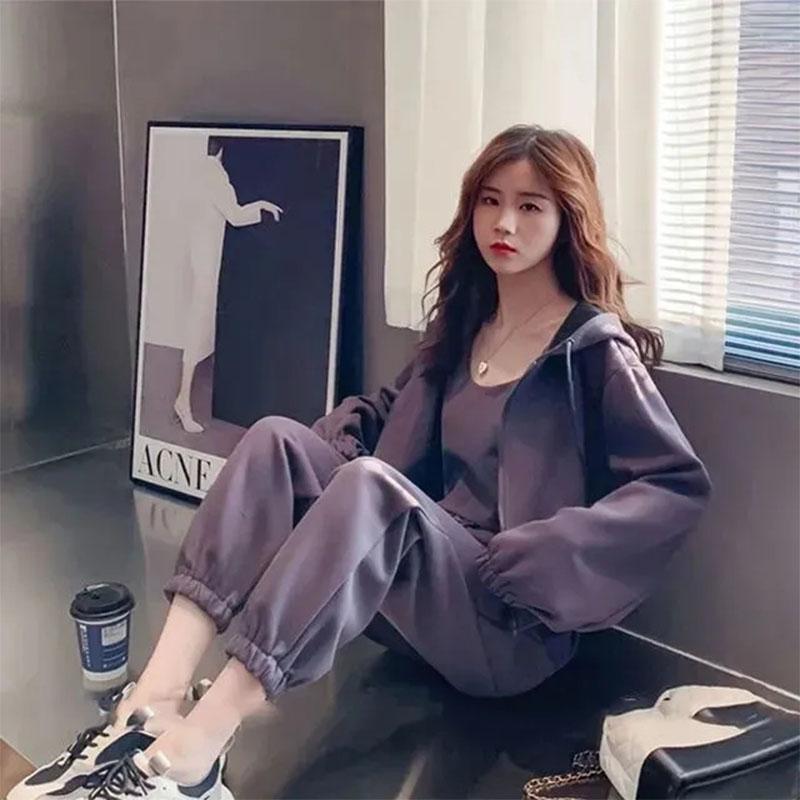 3PCS Sports Suit Women's Casual Sweater + Vest + Loose Trousers High-end Fried Street Three-piece Women's Fitness Sports Suit