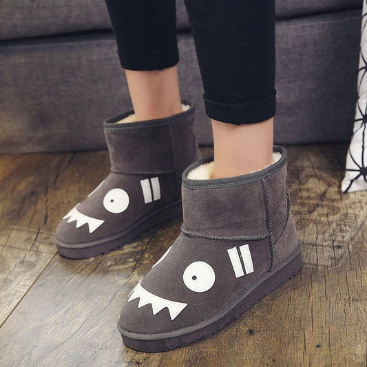 Winter Snow Boots Women's Short Tube Cartoon Short Boots Flat-bottomed Thickened Plus Velvet Cotton Boots