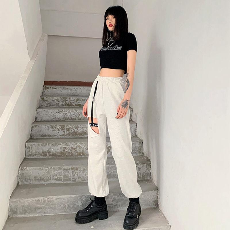Grey Fried Street Sweatpants Women Loose Leggings Pants Tide Design Sense of Holes High Waist Slimming Harlan Guard Pants Summer