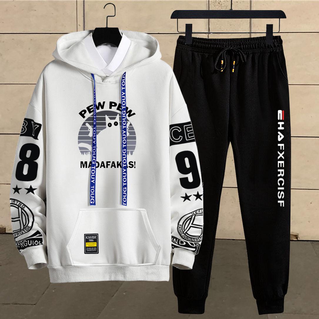 Spring Cat Print Sweater Suit Men Sports Suit Hooded Pullover Campus Student Sportswear Casual Loose Clothing