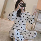 Women's Long Sleeve Heart Pajamas Large Size Loose Spring Autumn Thin Home wear Round Neck Pullover Pants Top Two Piece Sets Solid Color