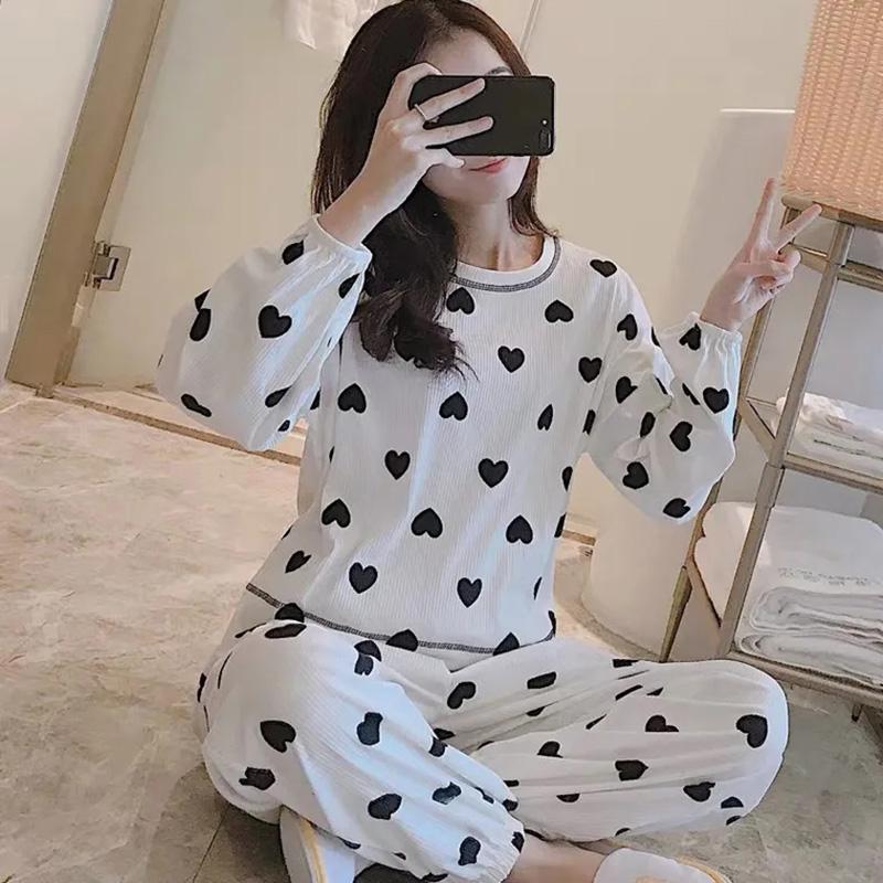 Women's Long Sleeve Heart Pajamas Large Size Loose Spring Autumn Thin Home wear Round Neck Pullover Pants Top Two Piece Sets Solid Color
