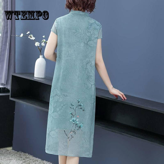 Dress New Wide Wife Cheongsam Middle -Aged Female Summer Dress Long Dresses Qipao