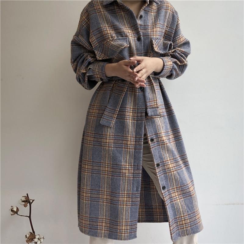 Fashion Plaid Long Woolen Coats Women Winter Korean Casual Loose Single Breasted Jackets Females Streetwear Outwear