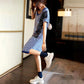 Large Size V-neck Loose Horizontal Striped Dress Female Lace Thin Loose Split T-shirt Dress A-line Skirt Mid-length Dress Casual Breathable