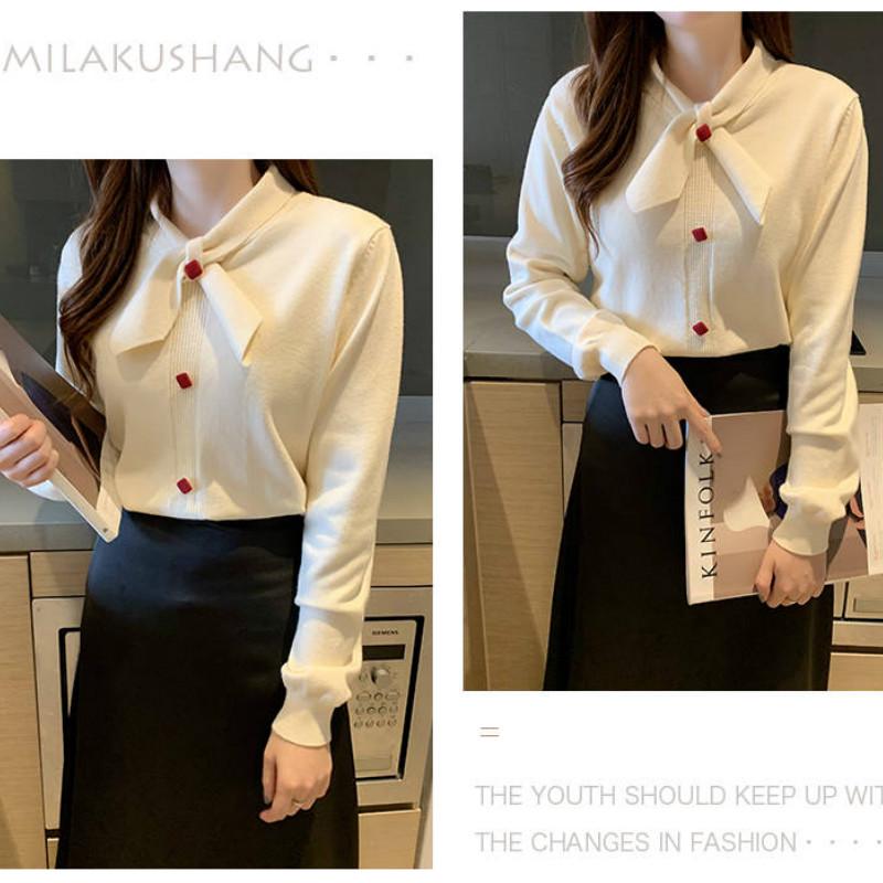 Bow Thick Slim Bottoming Shirt Women Winter Was Thin Knitted Elegant temperament Sweater