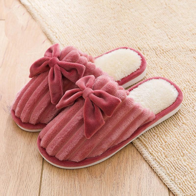 Autumn and Winter Pure Cotton Slippers with Bow Design, Fashionable Flat-bottomed Cotton Shoes, Indoor Casual Shoes