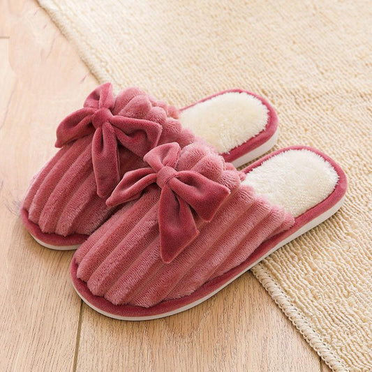 Autumn and Winter Pure Cotton Slippers with Bow Design, Fashionable Flat-bottomed Cotton Shoes, Indoor Casual Shoes