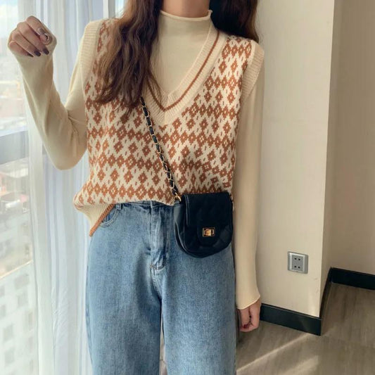 Sleeveless Vest Sweater Loose V-neck Sweater Outer Wear Women's Thin Sleeveless Sweater Retro British College Style Vest Sweater