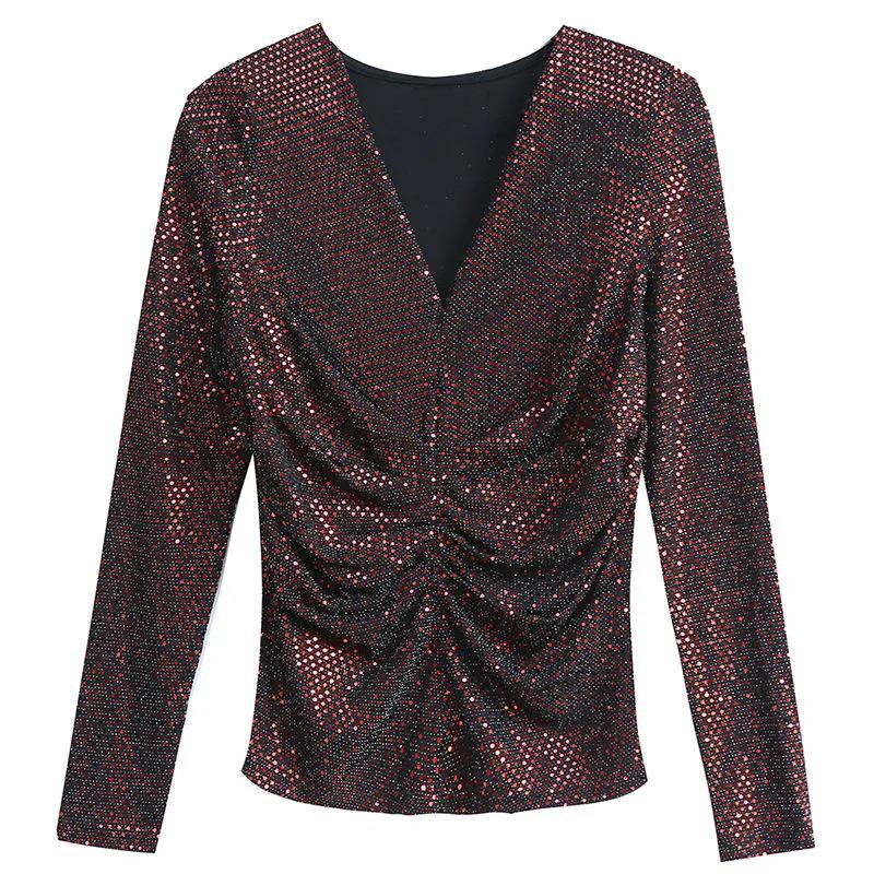 Women's Spring and Autumn Long-sleeved Top V-neck Slim Bottoming Shirt