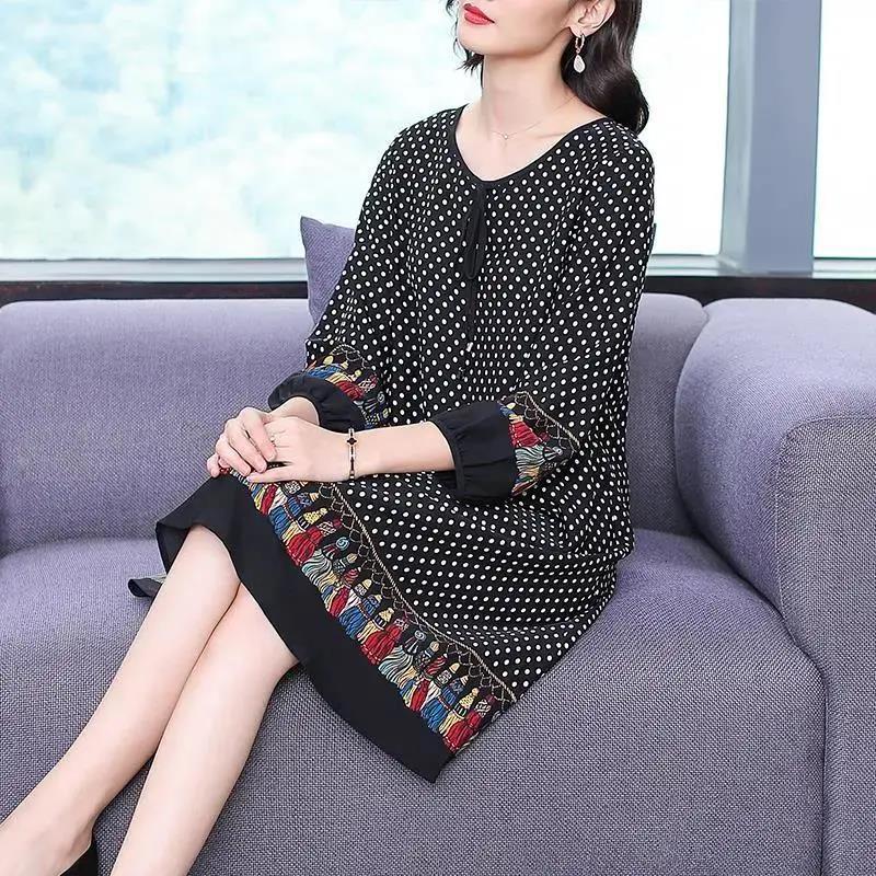 WTEMPO Plus Size Ladies Dress Summer Round Neck Knee-length Chiffon Polka Dot Tassel Printing L-XXL