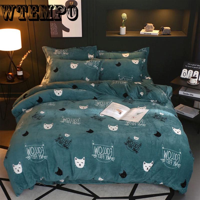 4pcs Floral/clouds/cats  Print Quilt Cover Plaid Solid Color Bed Sheet King Size Simple Warm Bedclothes