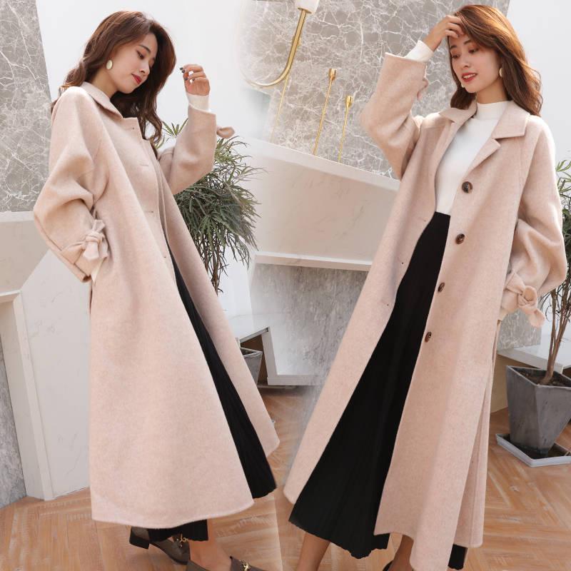 Elegant Long Women's Coat Lapel 2 Pockets Belted Jackets Solid Color Coats Female Outerwear