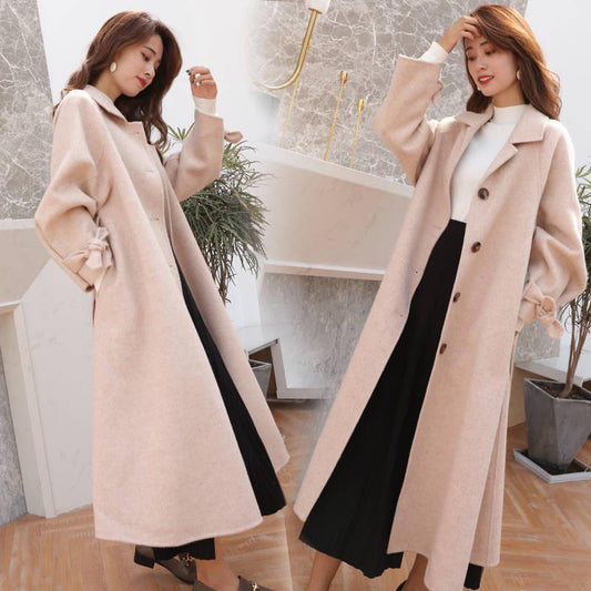 Elegant Long Women's Coat Lapel 2 Pockets Belted Jackets Solid Color Coats Female Outerwear