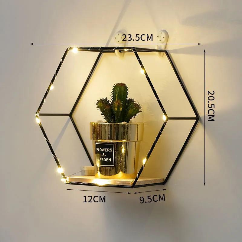 Hexagon Art Storage Shelf Living Room Metal Display Platform Wall Mounted Decorative Rack with Light Strip