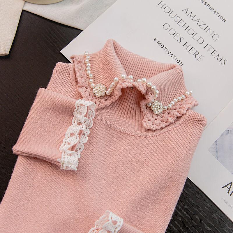 Women's Turtleneck Sweater Lace Hook Knit Sweater Short Beaded Pullover Jumper Sweet Slim-fit Knitwear Bottoming or Outwear