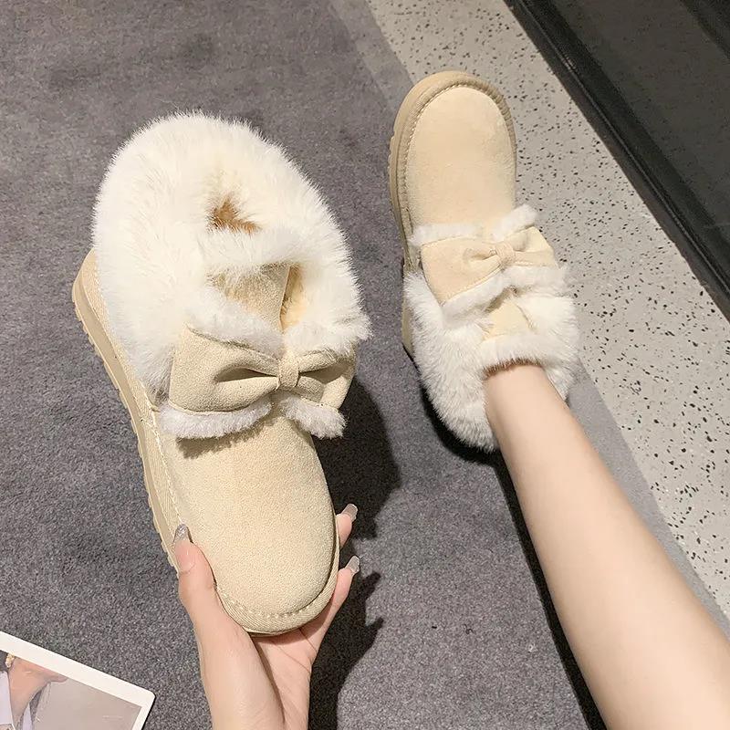Snow Boots Women's Winter Bowknot Students Cute and Velvet To Keep Warm Wearing Thick-soled Non-slip Cotton Shoes