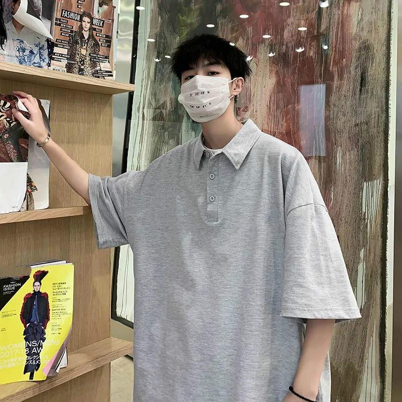 Short-sleeved T-shirt Boys Summer Loose Wild Student Half-sleeved   Shirt Ins Trend Solid Color Lapel Top