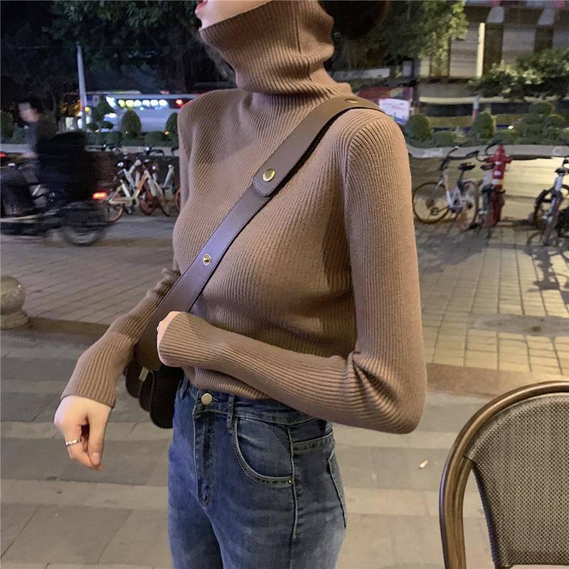 Pofulove Autumn Bottoming Shirt Women Winter Thick Turtleneck Sweater Pile Collar Tight Long-sleeved