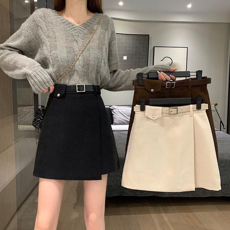 Woolen Cloth Women Sexy Tight A-line High Waist Hip Skirt Short Skirt Belt Split Fork Zipper Club Casual Home Office