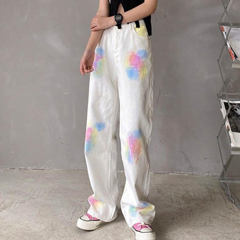 Tie Dye Jeans Female INS High Waist Slim Trend Casual Wild Tape Wide Leg Pants Vertical Trousers