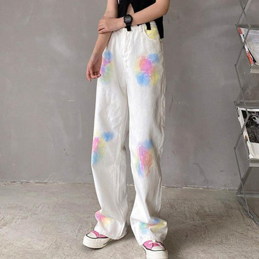Tie Dye Jeans Female INS High Waist Slim Trend Casual Wild Tape Wide Leg Pants Vertical Trousers