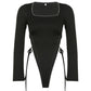 Bodysuit Long Sleeve Slim Sexy Gothic Rompers Lace Up Square Collar Dark Hollow Out Rhinestone Punk Streetwear