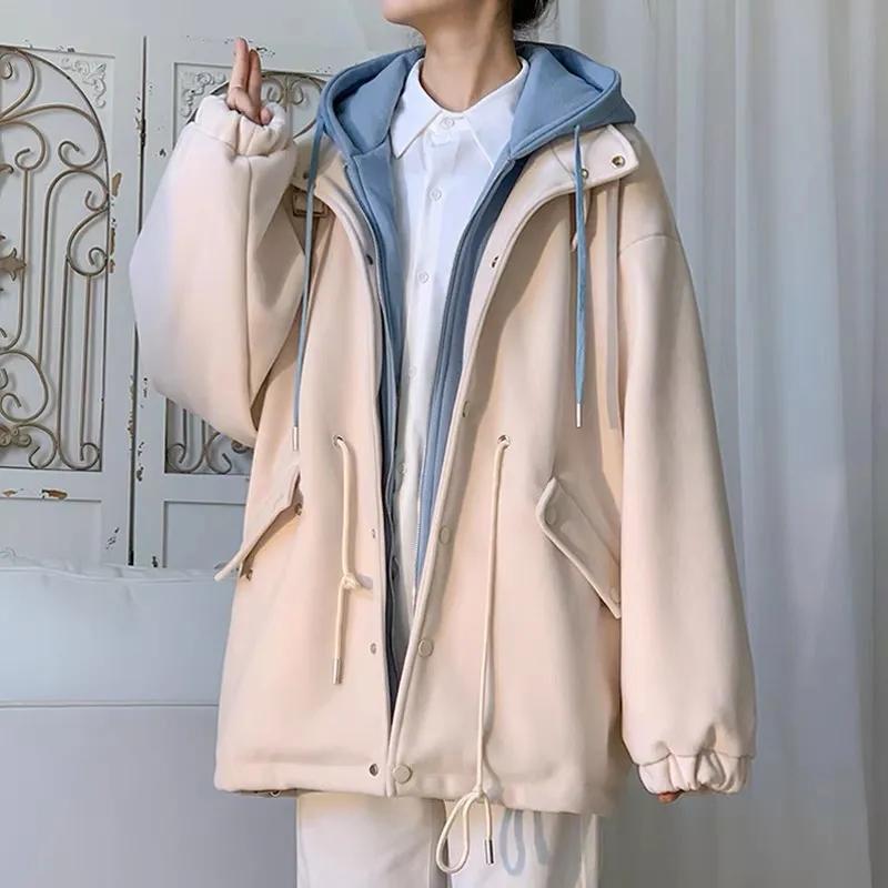 Fake Two-piece Velvet Thick Jacket Youth Hooded Zipper Cardigan Unisex Autumn and Winter Windbreaker Loose Casual Thick Coat