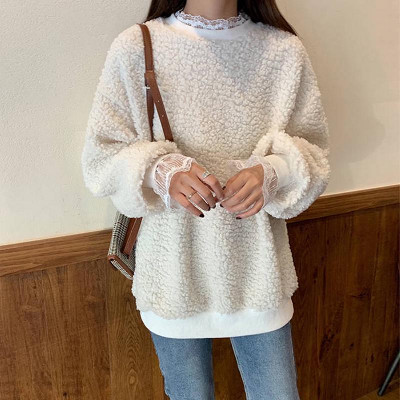 Pofulove New Student  Lace Christmas Plus Velvet Thickened Lamb Sweater Sweater Women Loose Coat