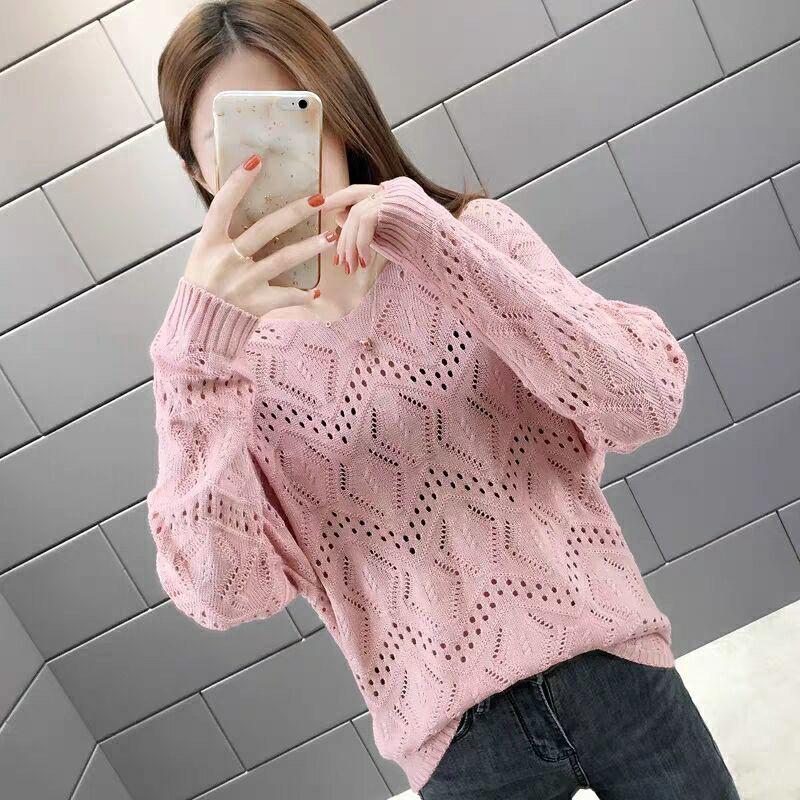 Hollow Women's Knitwear Spring and Autumn Style V-neck Loose Bottoming Shirt Short Long-sleeved Sweater Coat
