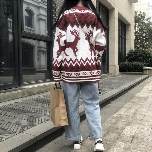 Autumn Winter Women Christmas Sweaters Red White Turn Down Collar Sweater Coat One Size for Ladies Christmas Sweater For gift