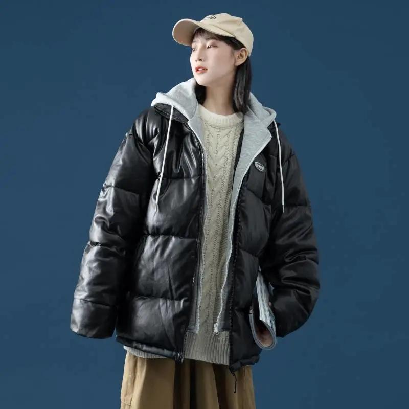 Winter Fake Two-piece Pu Leather Cotton Coat Loose Bread Coat Korean Version Cotton Coat Women's Cotton Jacket Warm Casual Coat Top Outdoor Jacket