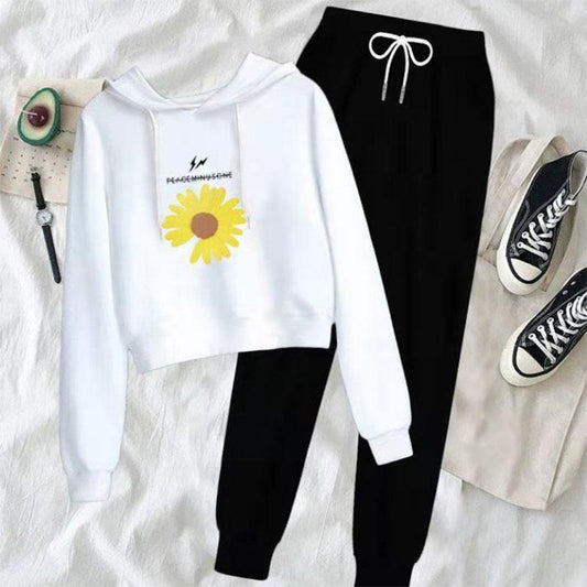 Suit Casual Suit Women's Sweater Hooded Spring and Autumn Solid Color Student Fashion Loose High Waist Long Sleeve Two-piece Set