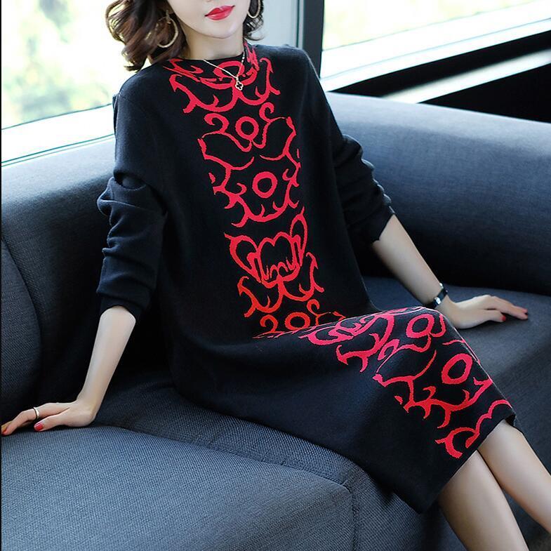 Autumn and Winter Women's Retro Knitted Dresses, Ladies Temperament Mid-length Over-the-knee Straight Base Sweater Skirt
