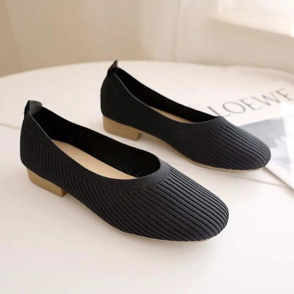 Knitted Flat Shoes Women's Spring Korean All-match Square Toe Peas Shoes Shallow Mouth Square Toe Knitted Single Shoes Slip on Breathable Granny Shoes