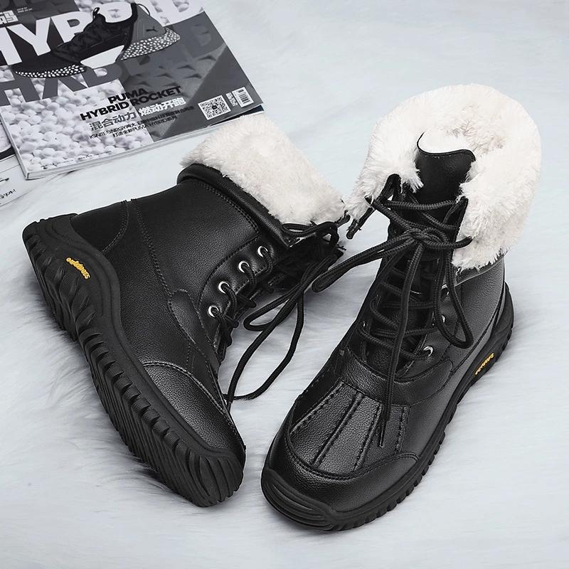 Winter Boots Women Mid Calf Snow Boots Black White Leather Boots Platform Shoes Fashion Plus Size Boots 36-42