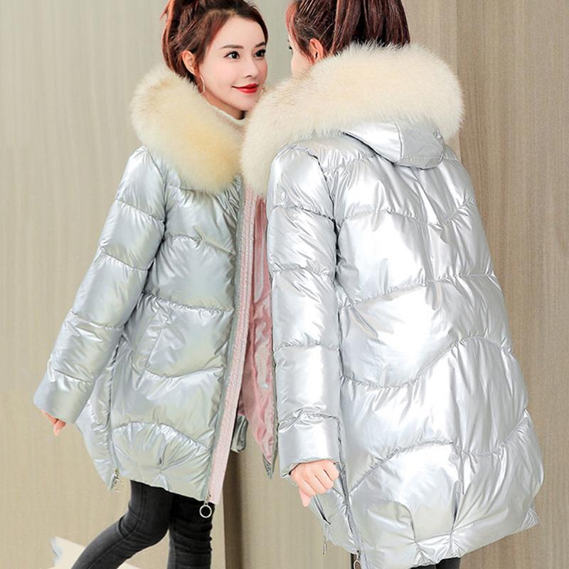 Women's Bright Face Hooded Down Jacket Mid-length Korean Loose Thick Coat Warm Cotton Coat Large Wool Collar Winter Quilted Coat