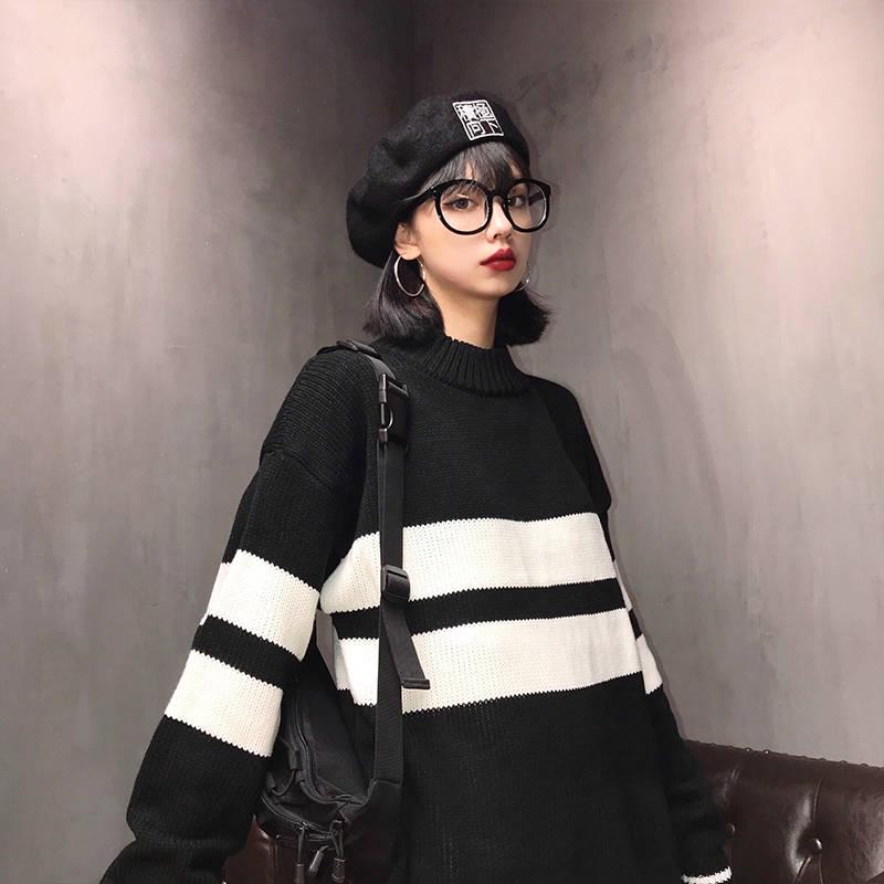 Color Matching Half Turtleneck Female Autumn and Winter Loose Embroidery Thick Knit Coat