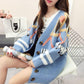 Women's Letters Jacquard Loose Knitted Jacket Long-sleeved V-neck Sweater Cardigan