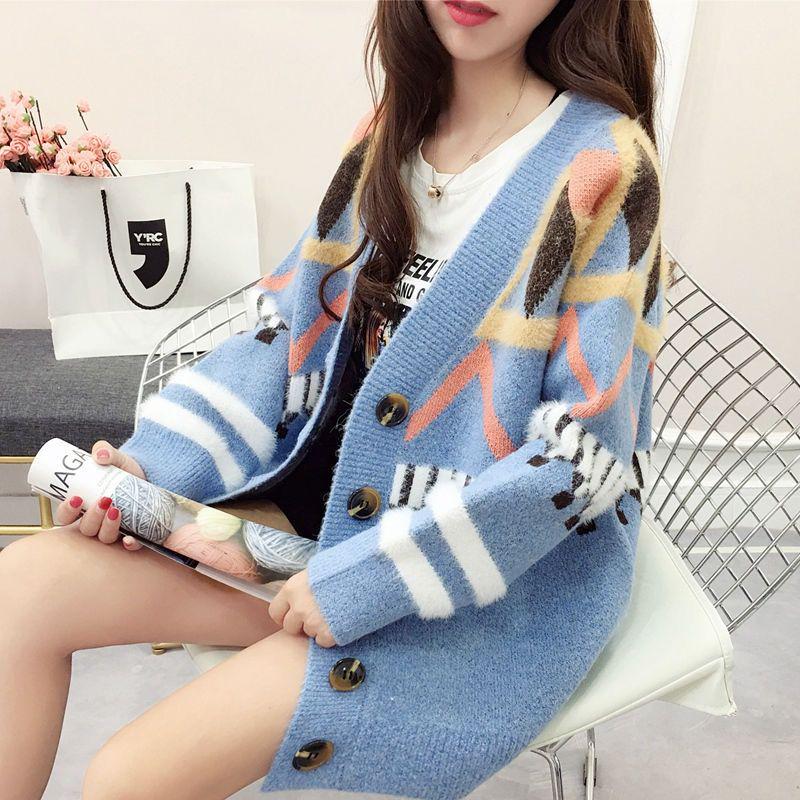 Autumn and Winter Women's Letters Loose Knitted Jacket Long-sleeved Sweater Cardigan Women