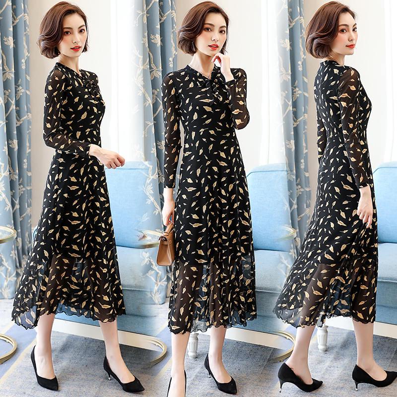 Fashion mesh yarn floral skirt spring and autumn woman long dress long sleeve dress women