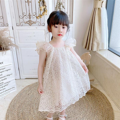 Children's Dress Summer Girl's Ruffle Sleeveless Dress Children's Princess Dress Embroidered Leaf Lace Dress