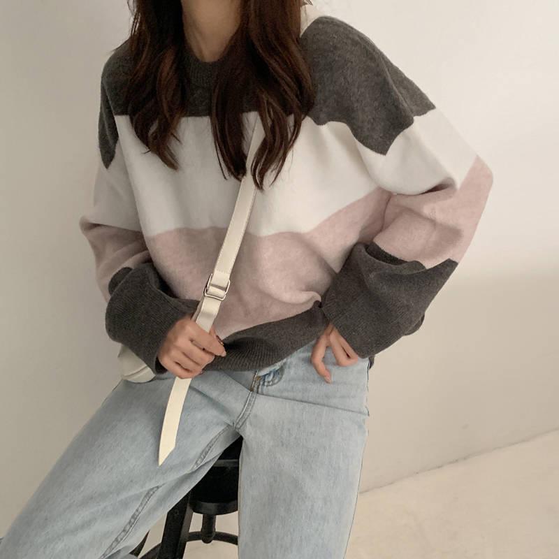 Pofulove Round Neck Loose Sweater Female Students Were Thin Wild Color Matching Long-sleeved Sweater