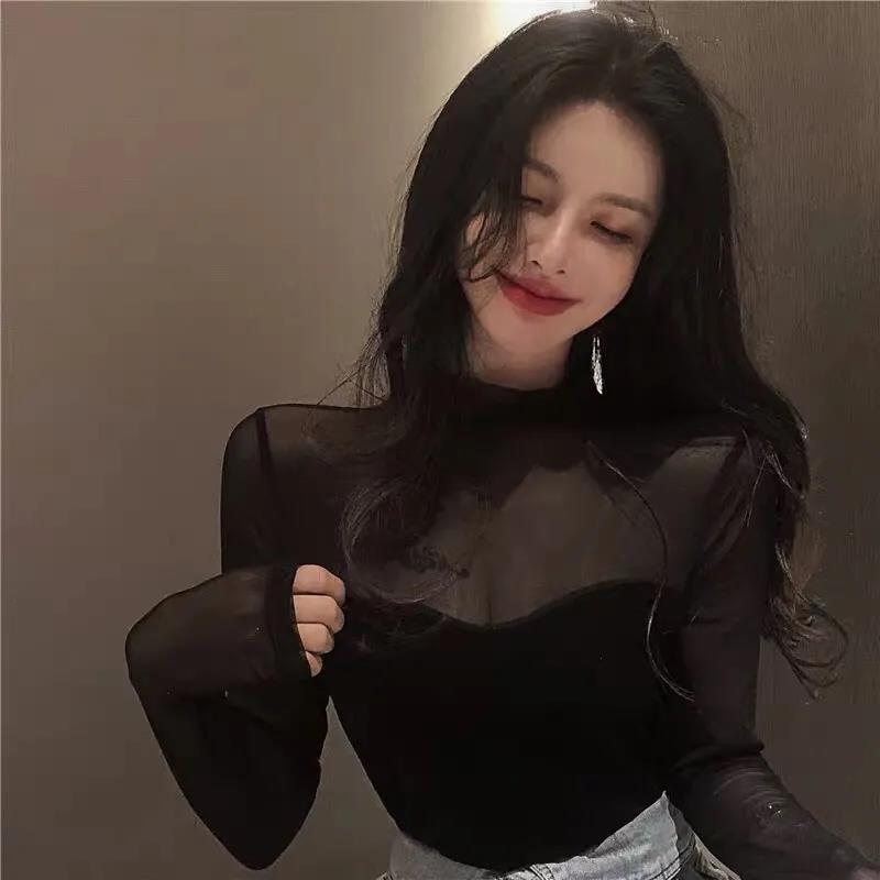 Sexy Women Long Sleeve See-through Translucent Sheer O-Neck Blouse Elegant Streetwear Lace Tops Casual Female Pullover