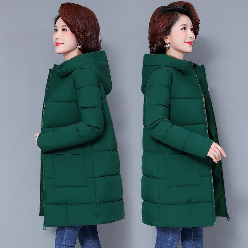 Winter Down Jacket Fashion Solid Color Hooded Parka Coat Thick and Warm Mid-length Down Cotton Jacket for Women