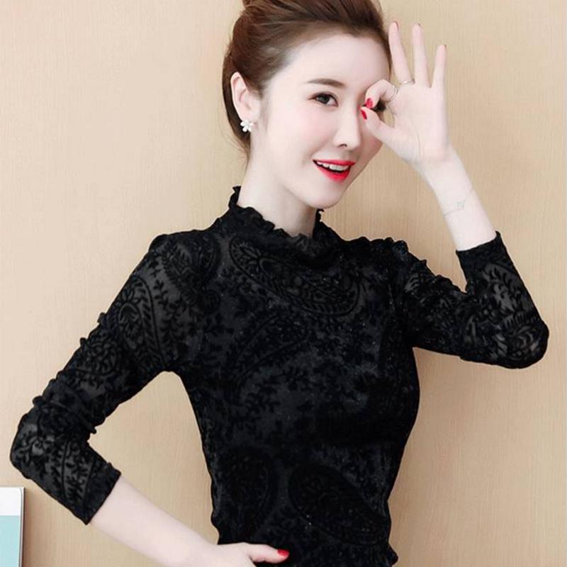 Pofulove Plus Women's Long Sleeve Mesh In Winter Fashion Velvet Half Turtleneck Bottoming Shirt