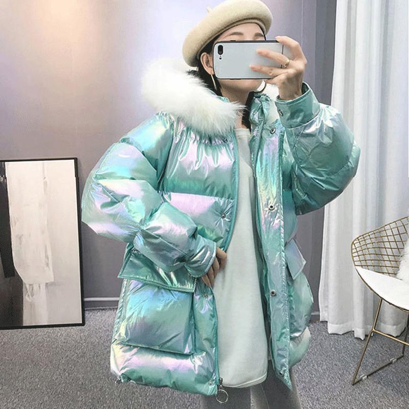 Women's Bright Face Hooded Down Jacket Mid-length Korean Loose Thick Coat Warm Cotton Coat Large Wool Collar Winter Quilted Coat