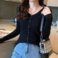 Spring and Autumn Fake Cardigan Sweater Ladies Thin Knit Sweater Slim All-match V-neck Bottom Shirt Long Sleeve Trend