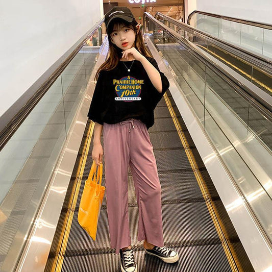 Girls Summer Clothes Breathable Loose Soft Cool Dance Suit Suit Letter Printing Short-sleeved Casual Wide-leg Pants Two-piece Set